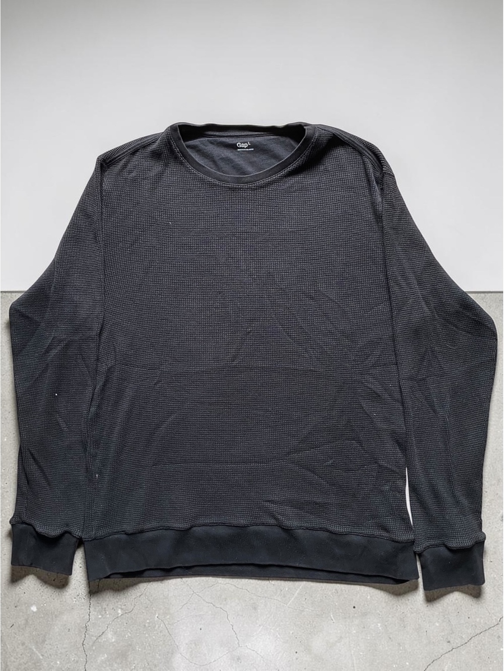 Gap Men Thermal Long Sleeve Shirt L Regular Fit Black Knit Crewneck Pullover